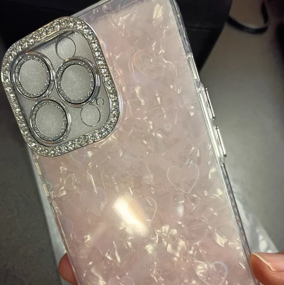 iPhone 13 Pro Pink Glitter Heart Transparent Shockproof Silicone Back Case - Picture 9 of 9